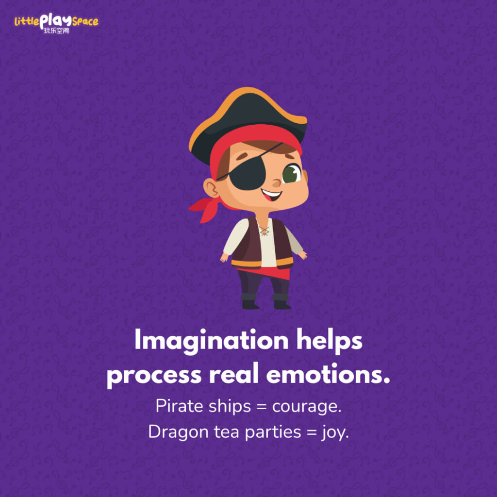 Imagination helps process real emotions.
Pirate ships = courage. Dragon tea parties = joy.